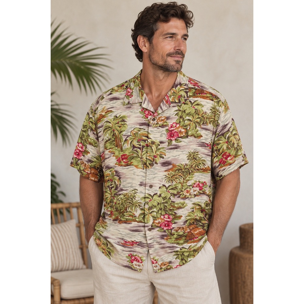 LL Bean Hawaiian Shirt Mens L Tropical Floral Camp Collar Aloha Vintage
